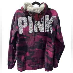 PINK Victoria's Secret Sequins Camoflauge Hoodie Sherpa Bling Size XS Black